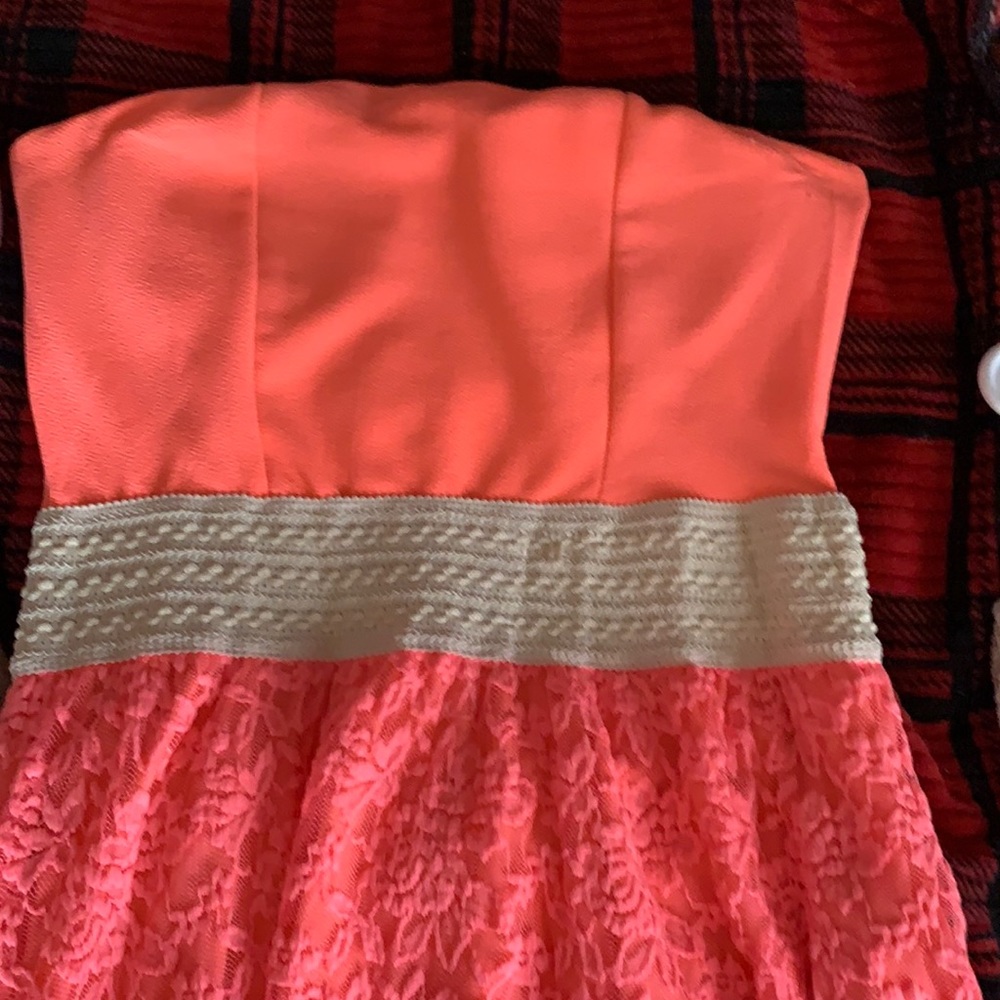 Coral colored strapless dress
